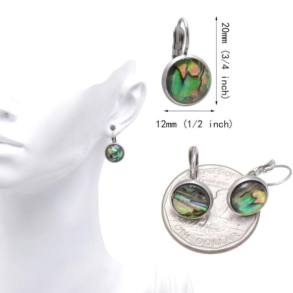 Handmade 10mm Abalone Shell Dangle Earrings for Women, Silver Steel, Gift-Ready - Picture 6 of 7